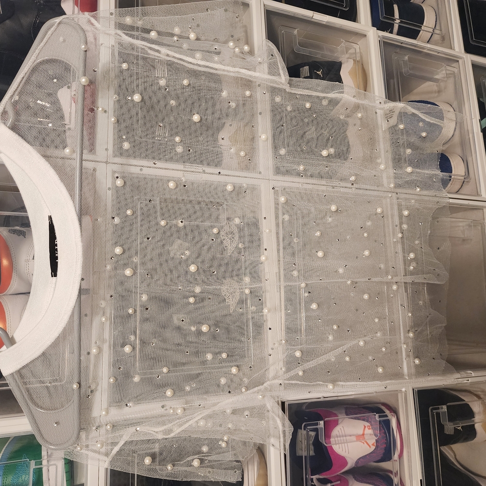 Akira Pearl-Embellished Mesh Top